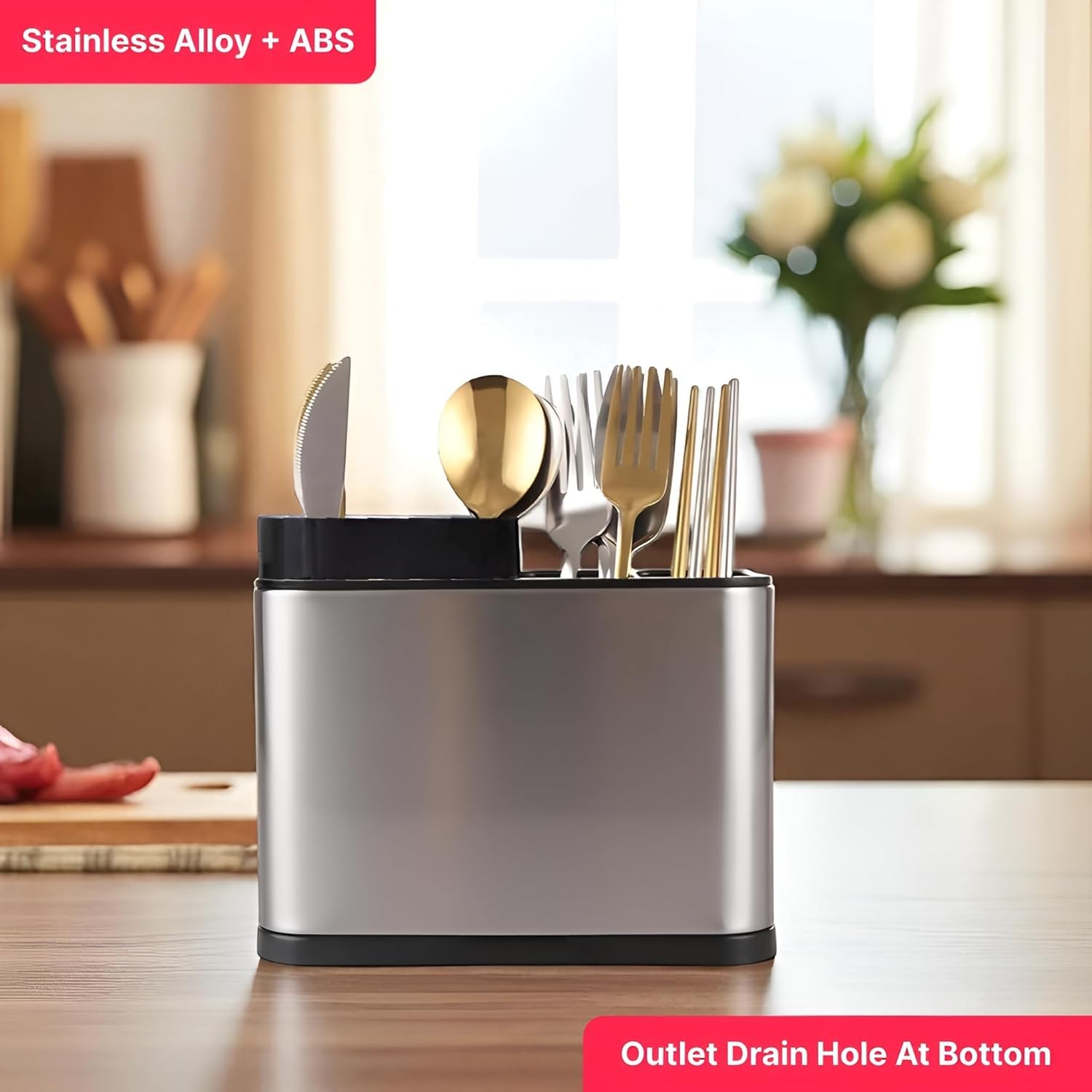 Spoon Stand for Kitchen | Stainless Steel Cutlery Stand & Spoon Organizer | Countertop Cutlery Holder for Forks, Spatula, Knives | Rustproof & Durable Knife Stand