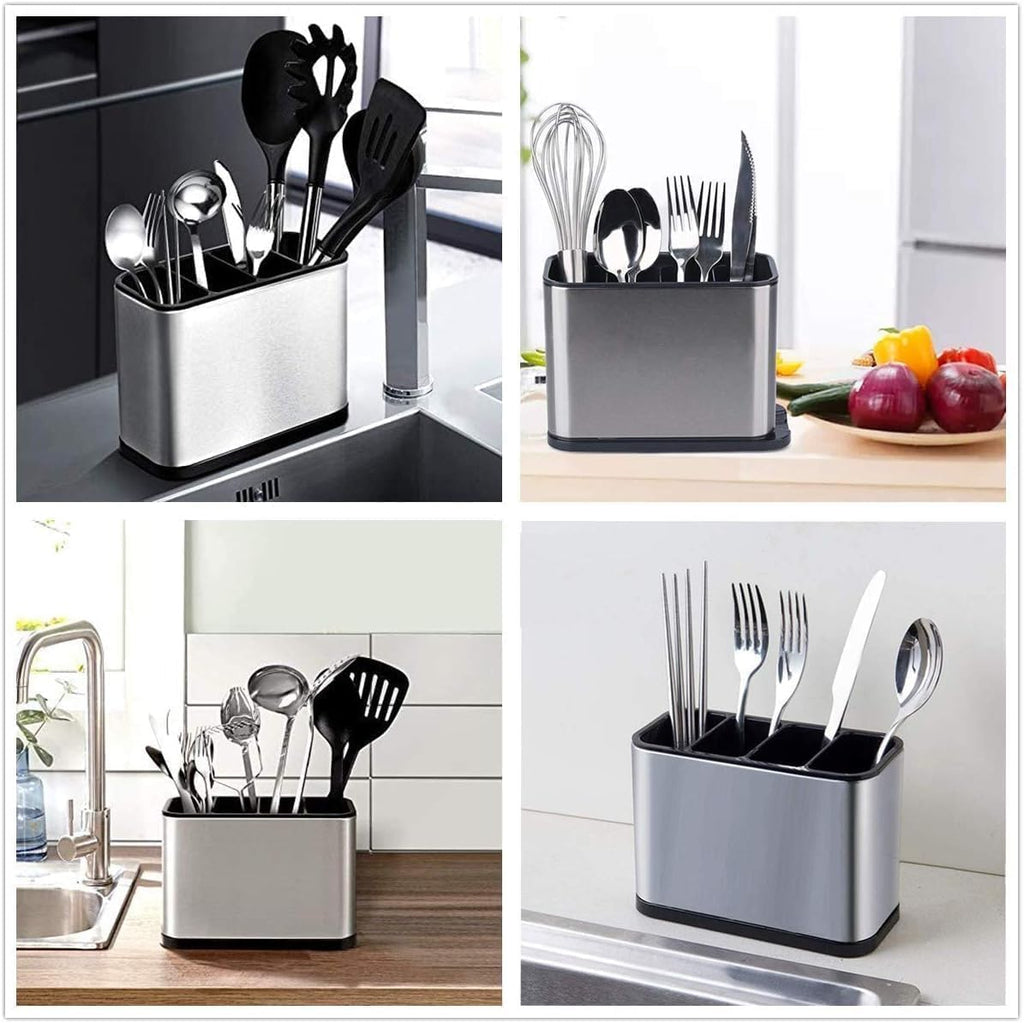 Stainless Steel Spoon Holder - Spoon Stand for Kitchen Steel - Countertop Holder for Spoons, Forks, Knives, Spatula - 15L x 10W x 10H cm
