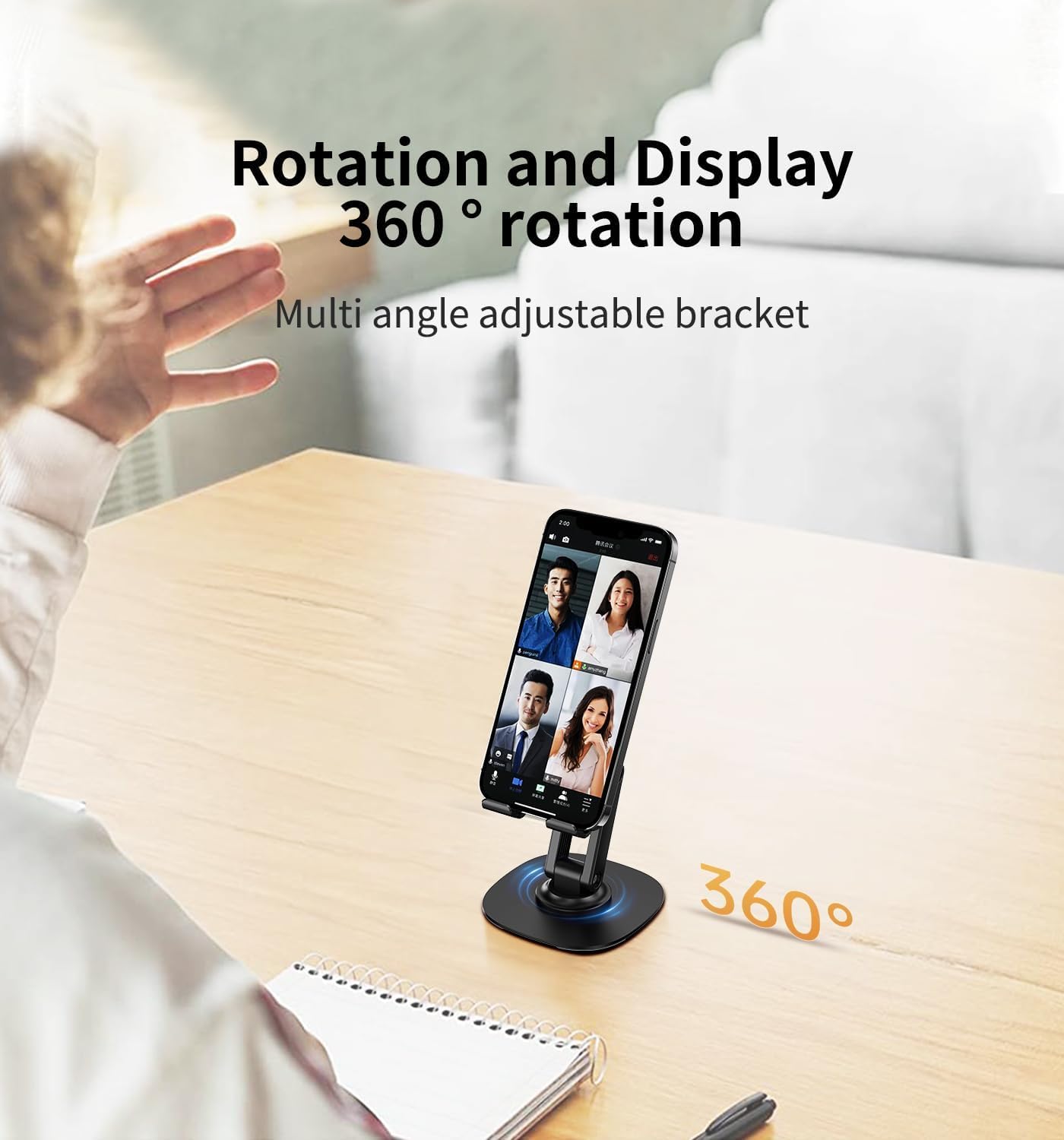 MdB Mobile Phone Stand 360° Rotation Height and Angle Adjustable Cell Phone Stand for Desk Office Foldable Desktop Phone Holder for Smartphone 4-10'' Tablet Holder (Black)