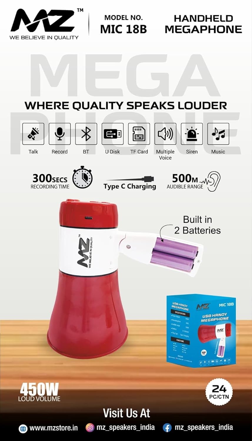 MDB MZ MIC 18 Handheld Foldable Megaphone with Loud Speaker, USB/Memory Card Input, Recorder, Siren & Music Function, 4400mah Rechargeable Battery, 450W - Red.