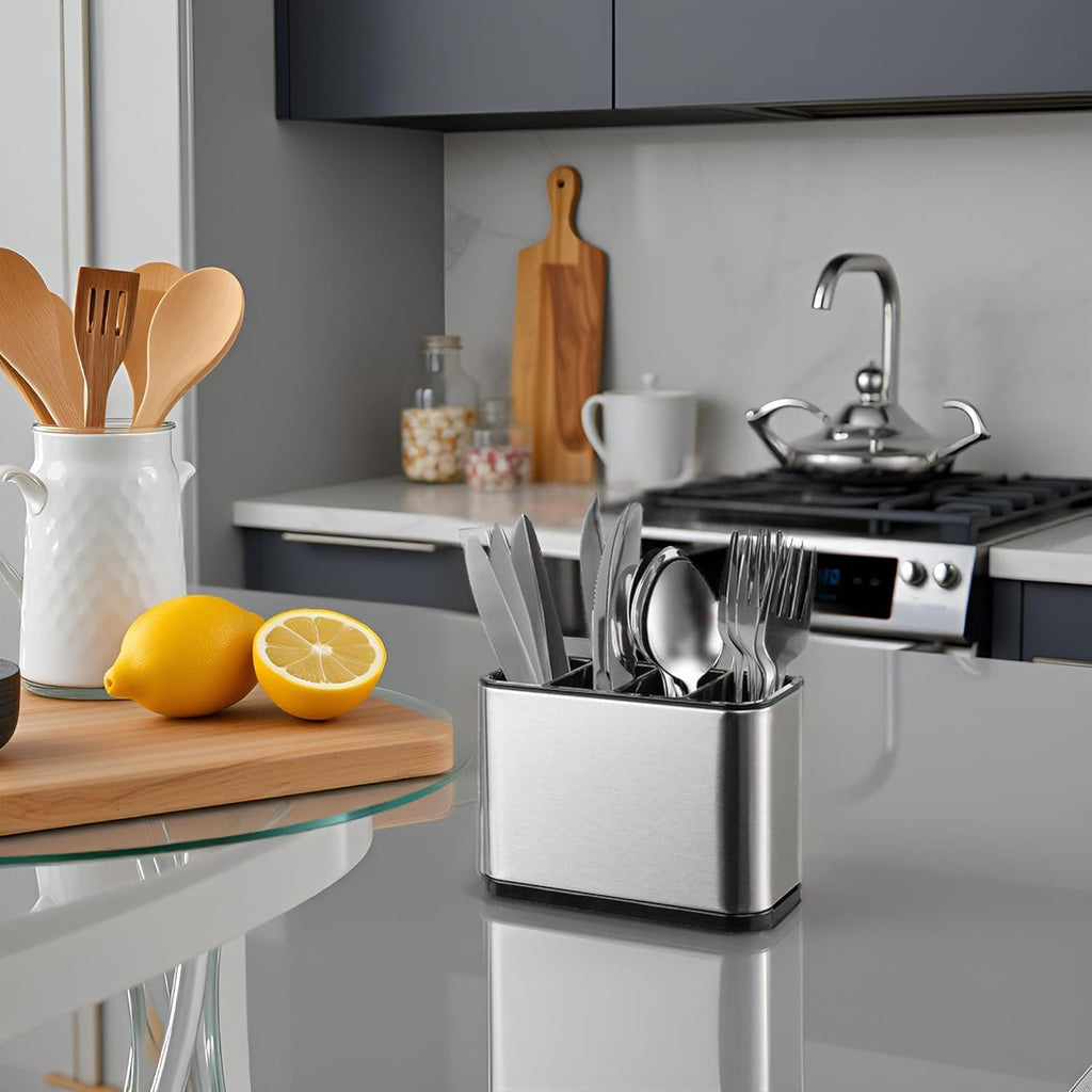 Stainless Steel Spoon Holder - Spoon Stand for Kitchen Steel - Countertop Holder for Spoons, Forks, Knives, Spatula - 15L x 10W x 10H cm