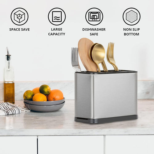 Stainless Steel Spoon Holder - Spoon Stand for Kitchen Steel - Countertop Holder for Spoons, Forks, Knives, Spatula - 15L x 10W x 10H cm