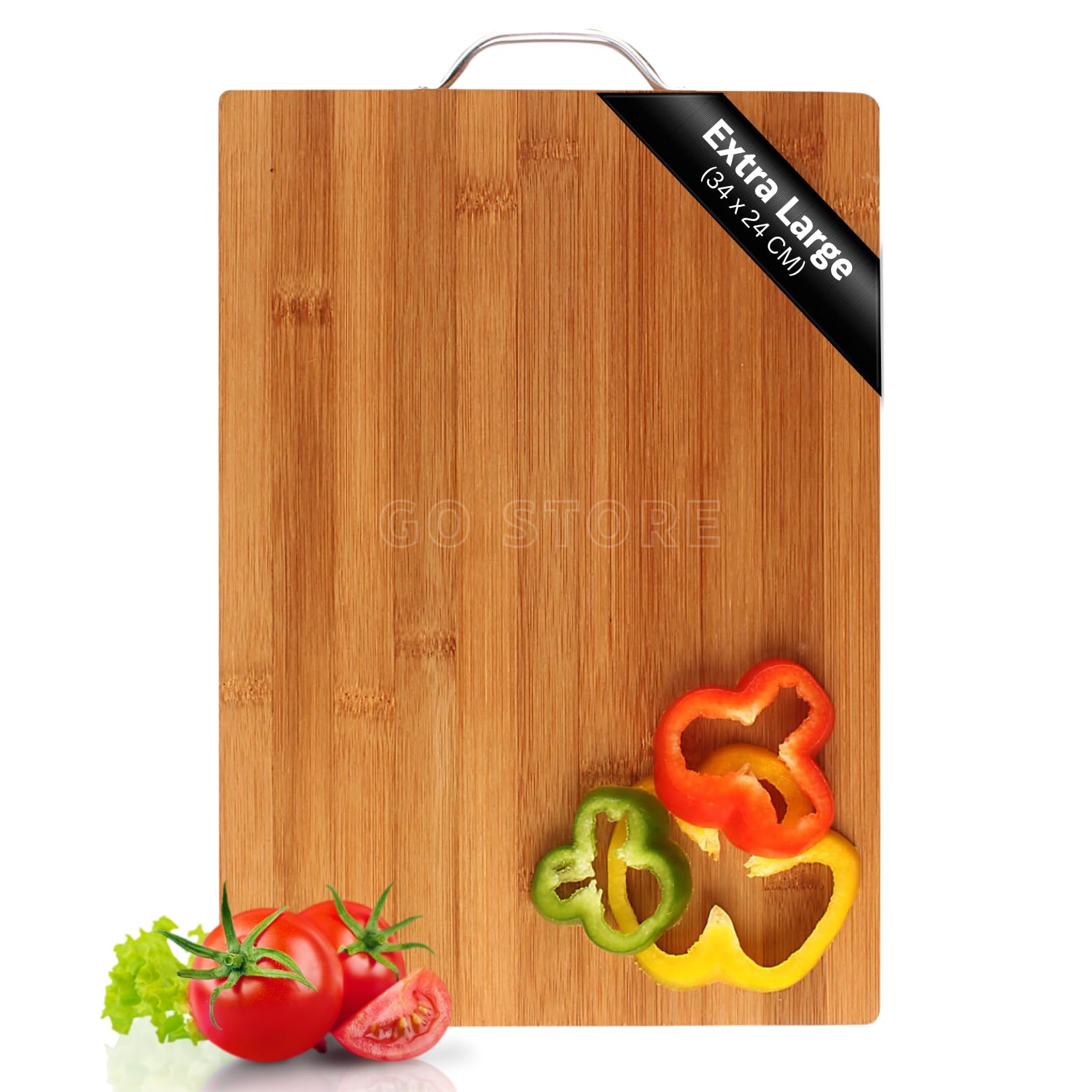 Go Store Large Non-Slip Wooden Bamboo Cutting Board with Antibacterial Surface with Stainless Steel Handle, Chopping Board for Kitchen, Cutting Board for Kitchen (Wood)