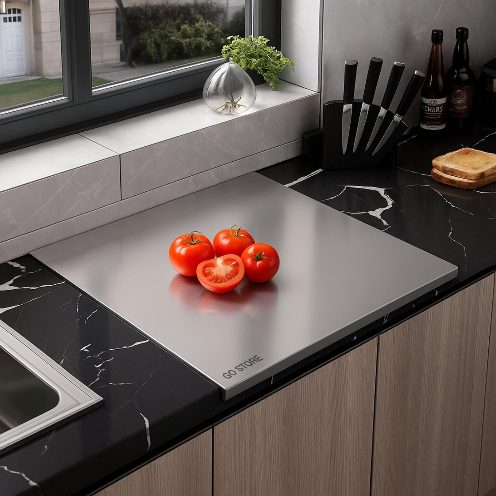 Go Store Large Non-Slip Wooden Bamboo Cutting Board with Antibacterial Surface with Stainless Steel Handle, Chopping Board for Kitchen, Cutting Board for Kitchen (Wood)