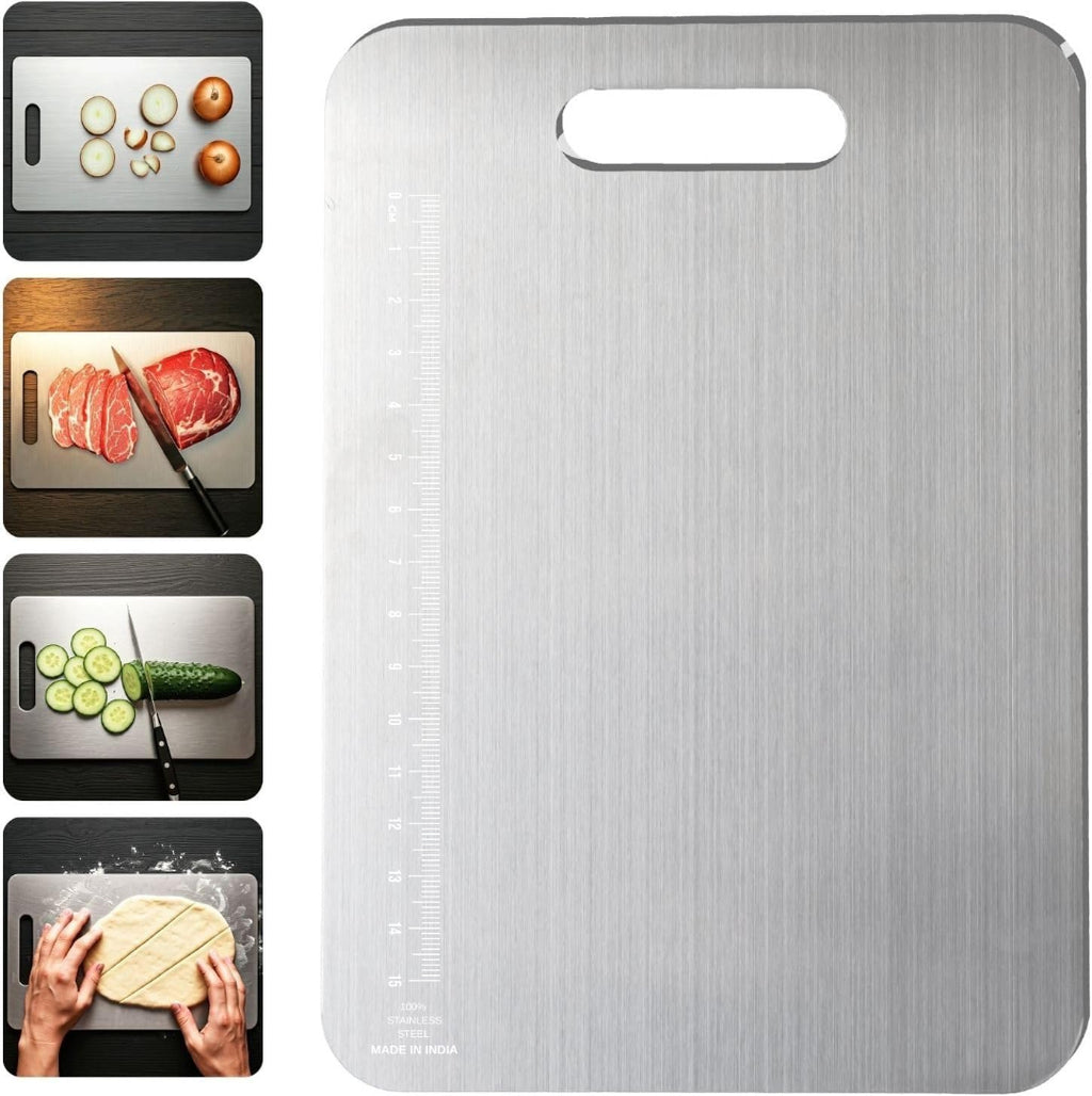 MDB Stainless Steel Chopping Board for Kitchen - 35L x 25W cm, Space Saving Compact Design, Fruit Chopper, Meat Cutting Board, Vegetable Cutter Board, Heavy Duty, Rust Proof