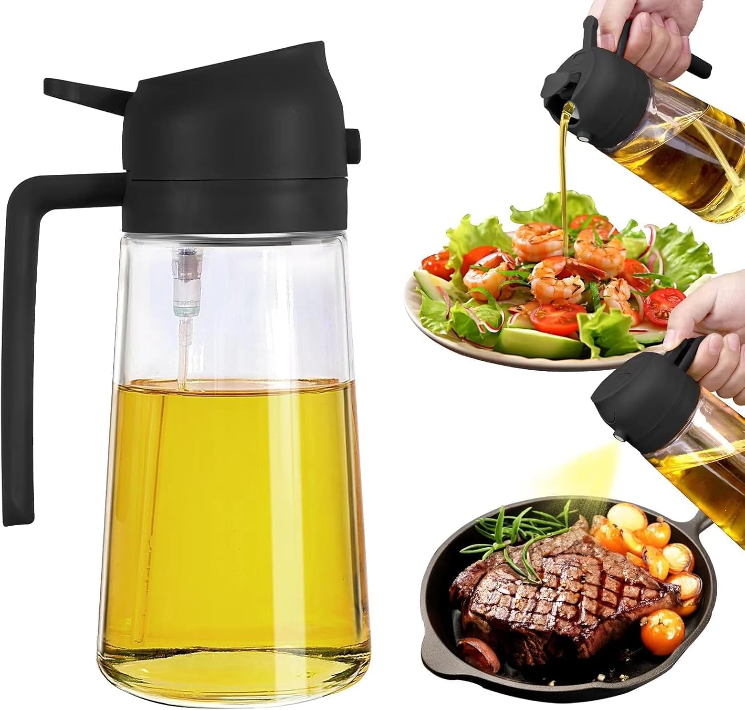Vasukie 2-in-1 Olive Oil Sprayer and Dispenser Bottle for Kitchen | 500ml Glass Oil Bottle with Premium Nozzle | Cooking Oil Sprayer for Healthy Cooking and Salad Making (Spray Bottle)