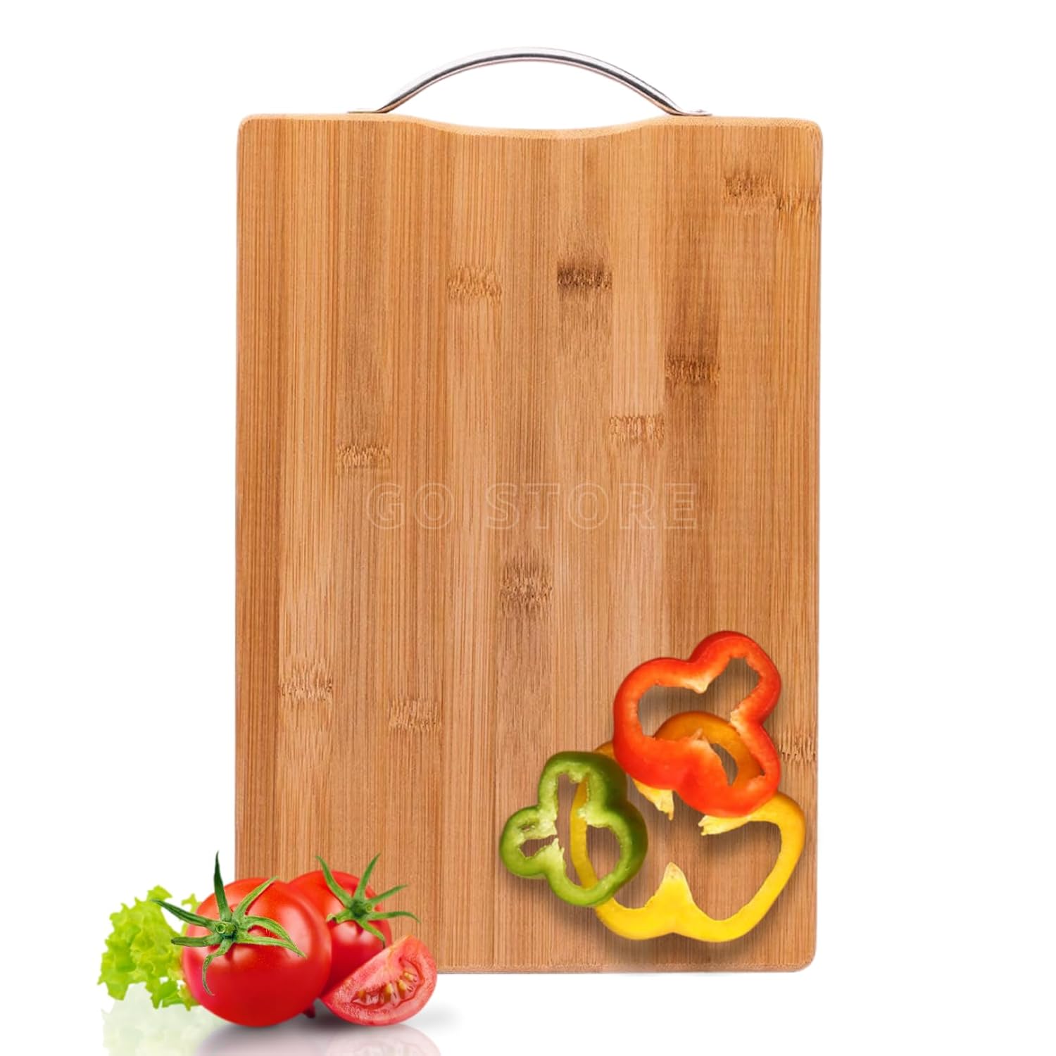 Go Store Large Non-Slip Wooden Bamboo Cutting Board with Antibacterial Surface with Stainless Steel Handle, Chopping Board for Kitchen, Cutting Board for Kitchen (Wood)