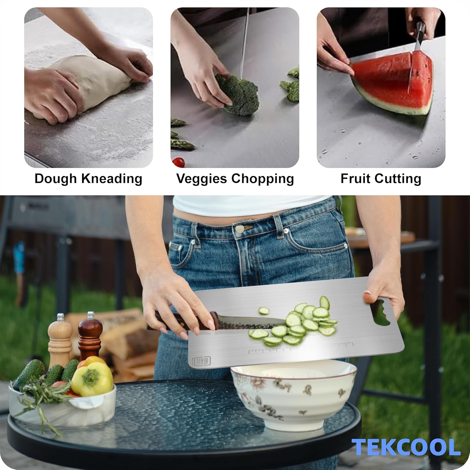 TEKCOOL Stainless Steel Chopping Board (32 x 22 CM), Vegetable Cutting Board, Premium SUS304 Vegetable and Fruit Cutter Pad, Heavy-Duty Metal Chopping Board