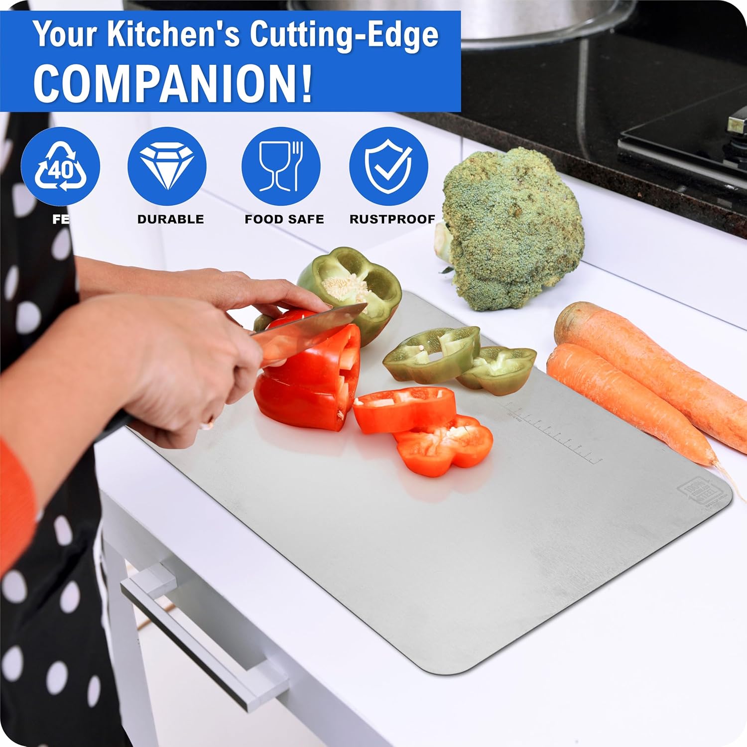 TEKCOOL Stainless Steel Chopping Board (32 x 22 CM), Vegetable Cutting Board, Premium SUS304 Vegetable and Fruit Cutter Pad, Heavy-Duty Metal Chopping Board