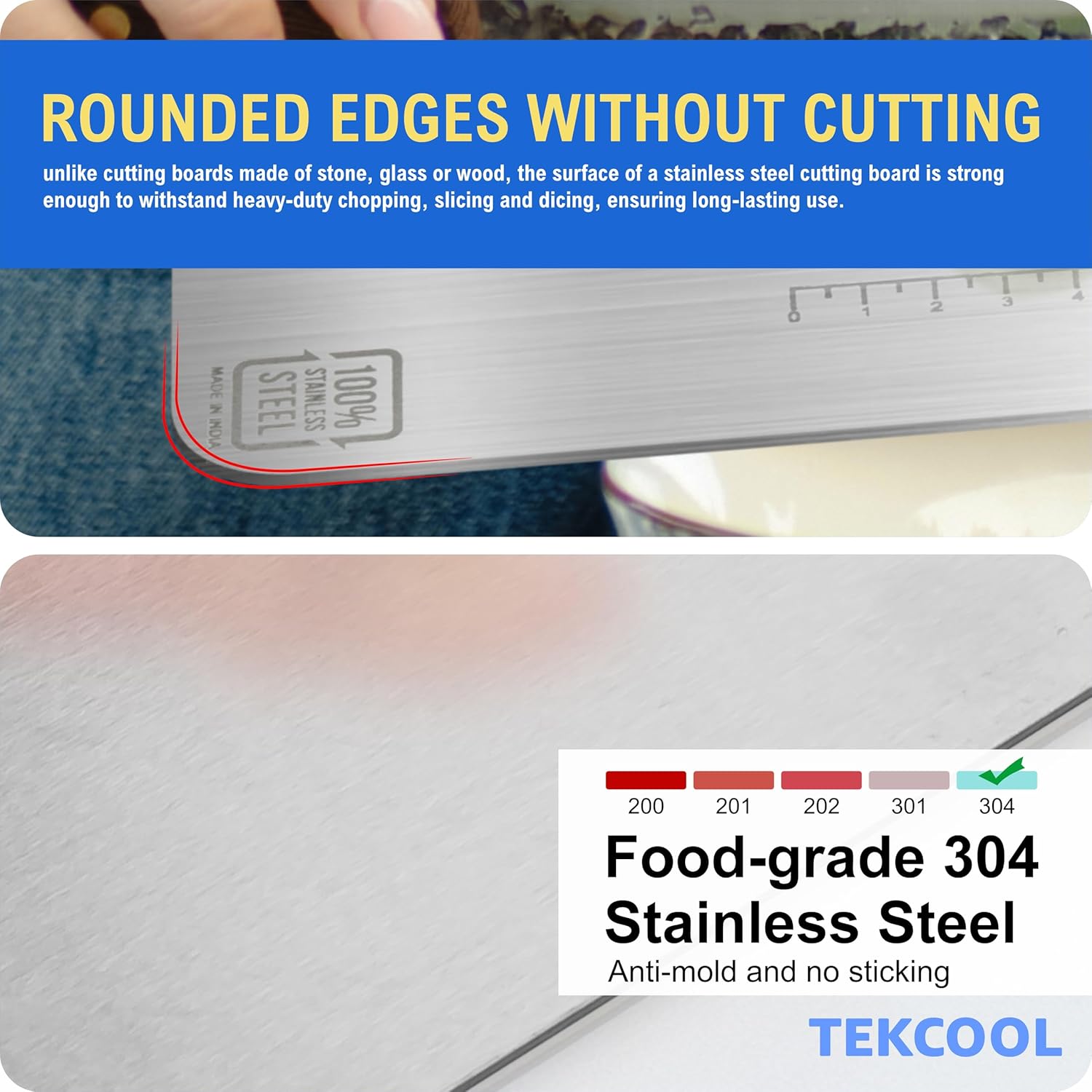 TEKCOOL Stainless Steel Chopping Board (32 x 22 CM), Vegetable Cutting Board, Premium SUS304 Vegetable and Fruit Cutter Pad, Heavy-Duty Metal Chopping Board