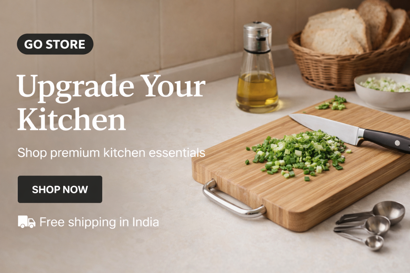 Advertisement for Go Store with a kitchen setup featuring a cutting board, knife, and bread.